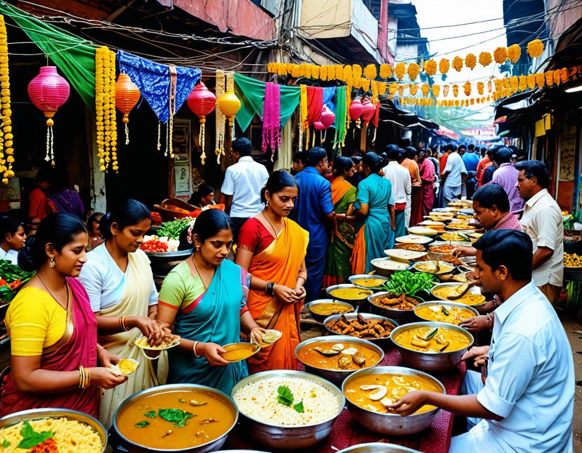 A vibrant market scene showcasing traditional Bengali dishes like puchka, mishti doi, and hilsa fish on colorful stalls, surrounded by people celebrating a festive event. Brightly colored decorations and people in traditional Bengali attire, such as sarees and kurta, add to the joyful atmosphere. Capture the essence of Bengali culture, food, and festivities in an inviting and lively setting. super-realistic. vibrant colors. dynamic composition.