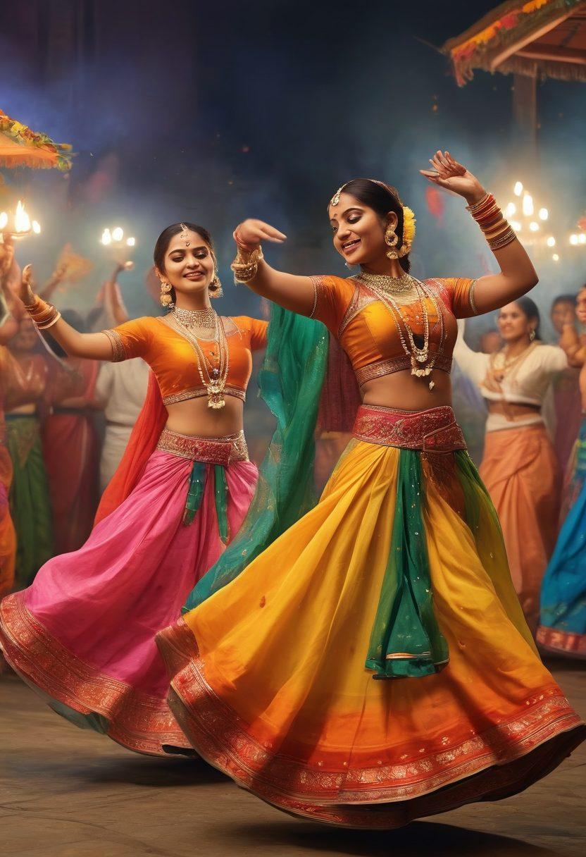 A lively celebration featuring traditional Bengali dancers in colorful attire, surrounded by musical instruments like the dhol and tabla. In the background, glimpses of serene spiritual symbols, such as candles and lotus flowers, create a peaceful ambiance. The scene is filled with joy and energy, capturing the essence of Bengali culture and spirituality. vibrant colors. super-realistic.