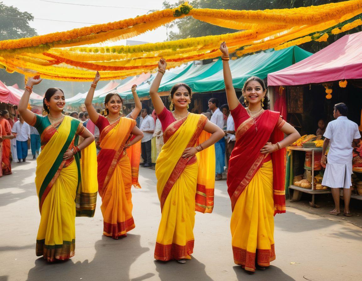 A lively street scene filled with colorful traditional Bengali attire, dancers performing a joyful folk dance, decorative marigold flowers, and vibrant banners celebrating a festival. Incorporate elements like Bengali sweets and food stalls, with people sharing laughter and happiness. The atmosphere should reflect warmth and community spirit. super-realistic. vibrant colors. white background.